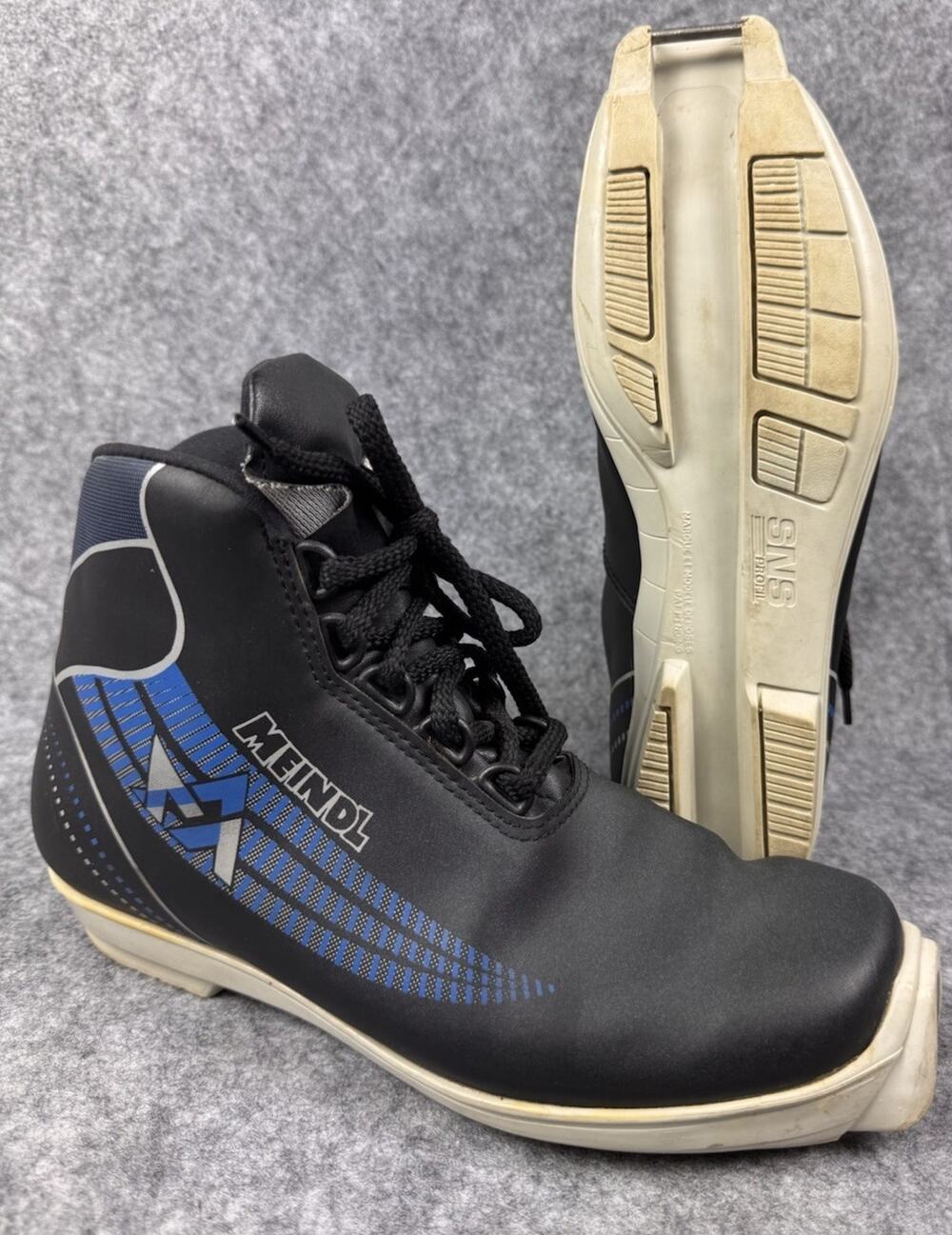 Vintage Meindl Cross Country Ski Boots Black Blue Lace Up Nordic Touring